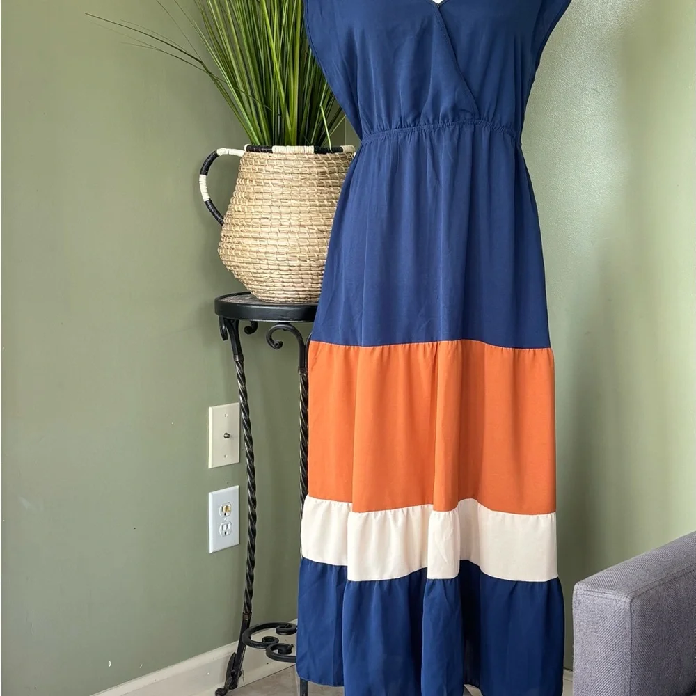Source Unknown Navy, Orange, and Cream Maxi Dress - Picture 3 of 4
